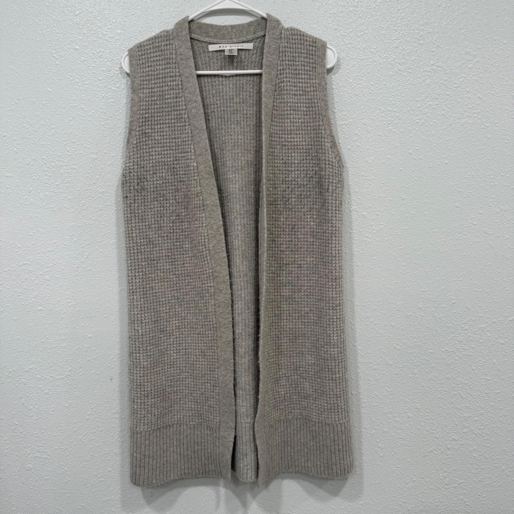 Max Studio Womens Gray Merino Wool Blend Waffle Knit Open Front Long Vest Medium
